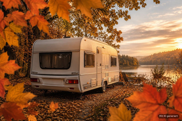 Weißer Wohnwagen steht im Herbstwald an einem See, umrahmt von orange-roten Ahornblättern, im Hintergrund Sonnenuntergang über dem Wasser. Mit KI generiertes Bild.