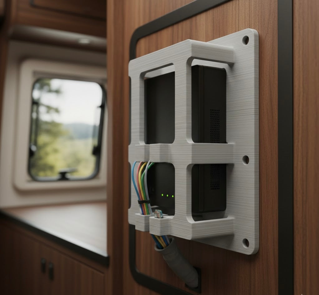 3D-gedruckte IT-Rackmount-Halterung für eine Firewall, sicher montiert an einer Holzwand im Wohnmobil-Innenraum – professionelle Elektronik-Montage von CamperStolz.
