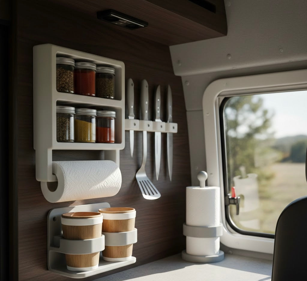 Modernes Wohnmobil-Interieur mit 3D-gedruckten Halterungen für Gewürze, Küchenrolle und Becher – Ordnungssysteme für Camping Haushalt